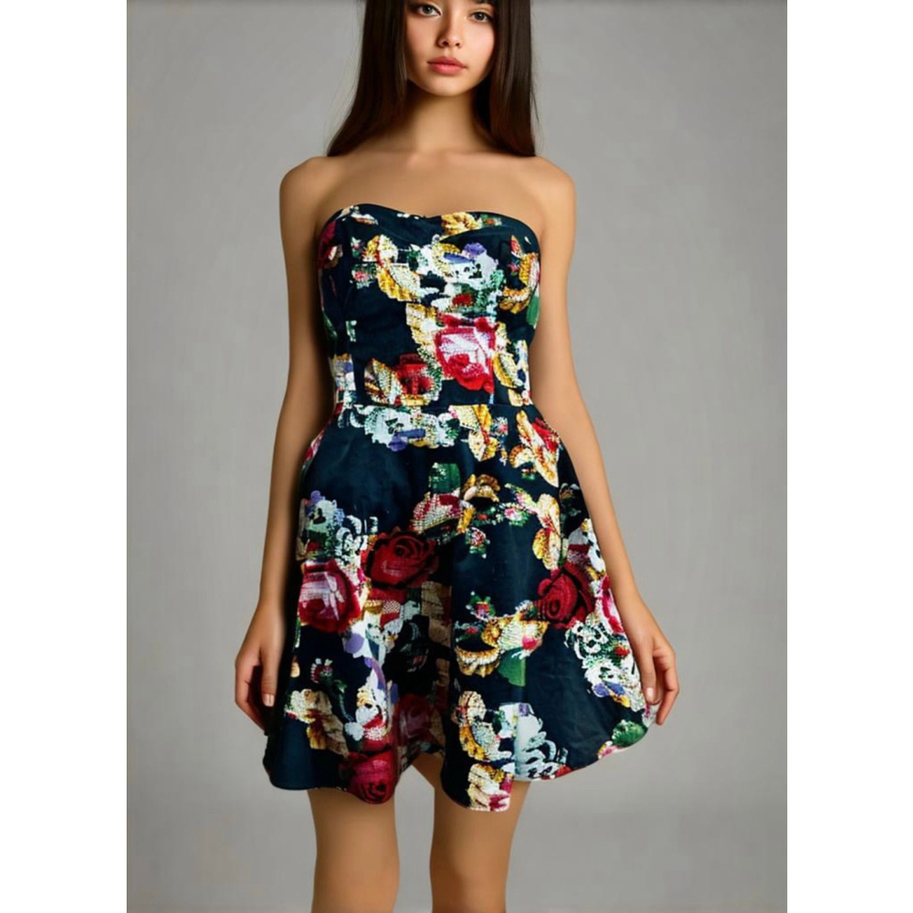 Windsor Women's Floral Print Strapless Dress Size M Black Multi-color Babydoll